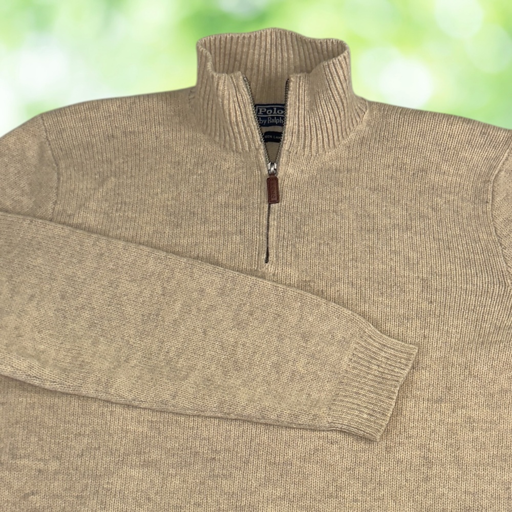 Vintage Y2K POLO RALPH LAUREN Lambswool 1/4 Zip Sweater Preppy Oatmeal Mens L